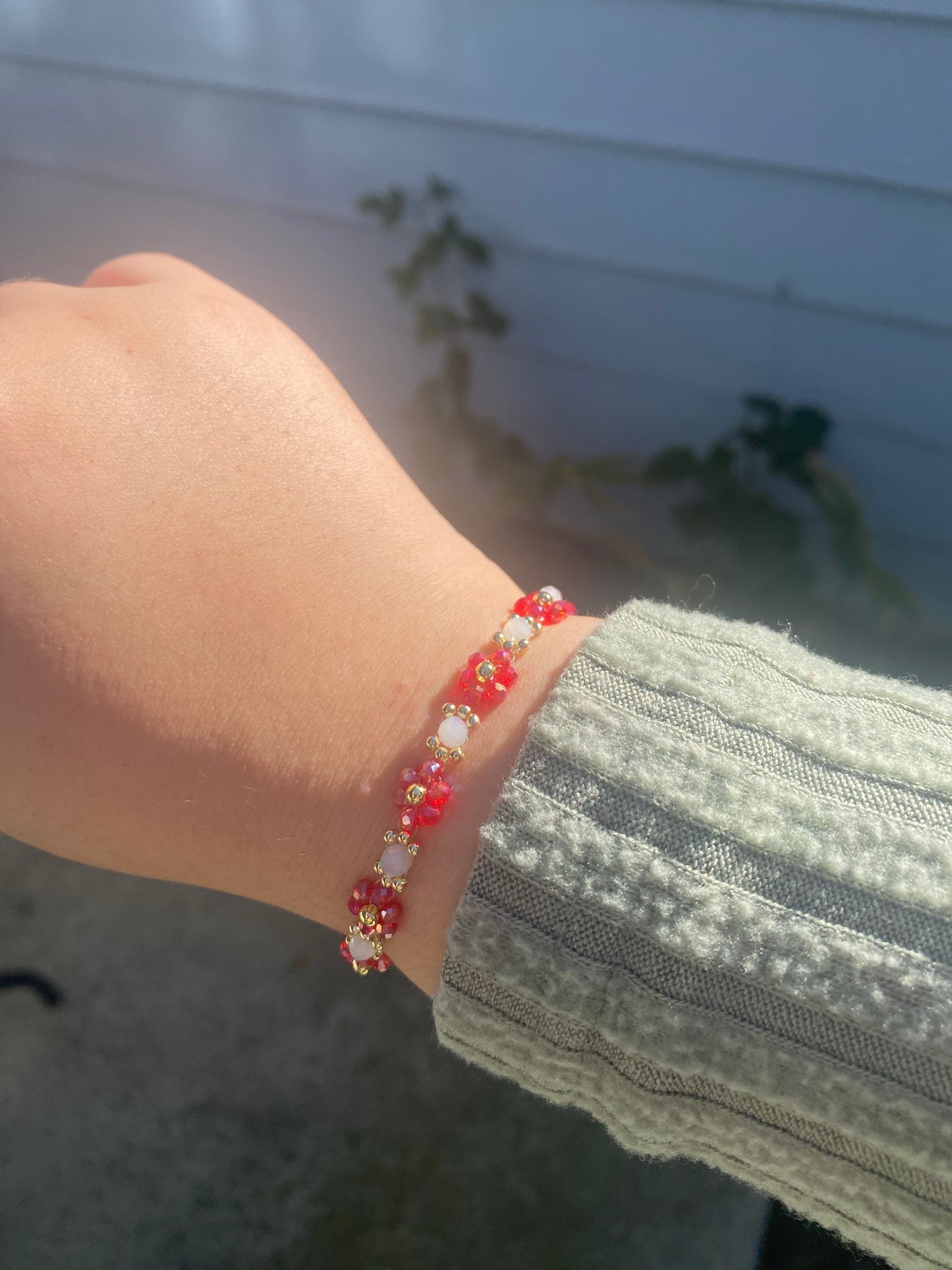 Red inspired dainty flower beaded bracelet