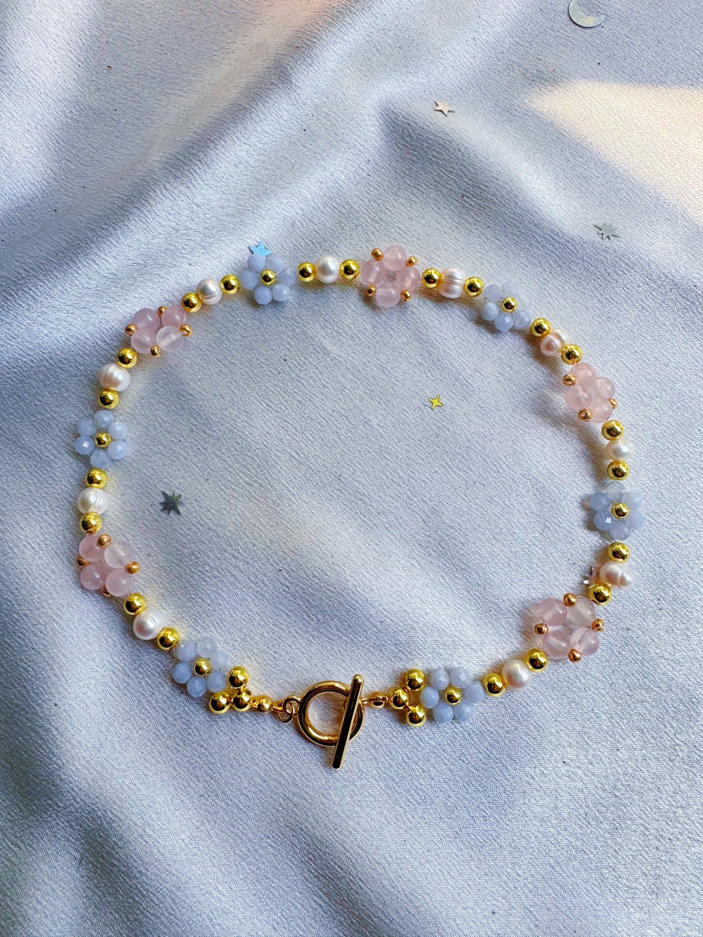 Blue Lace and Rose Quartz Flower Gemstone Necklace
