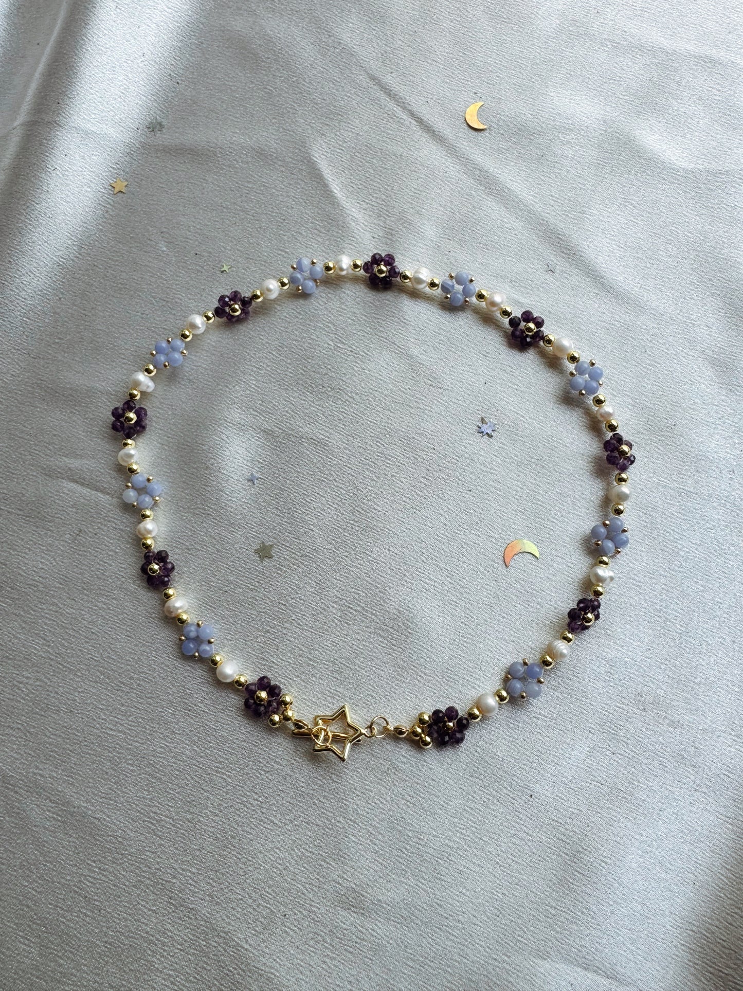 Amethyst and Blue Lace Gemstone Beaded Flower Necklace