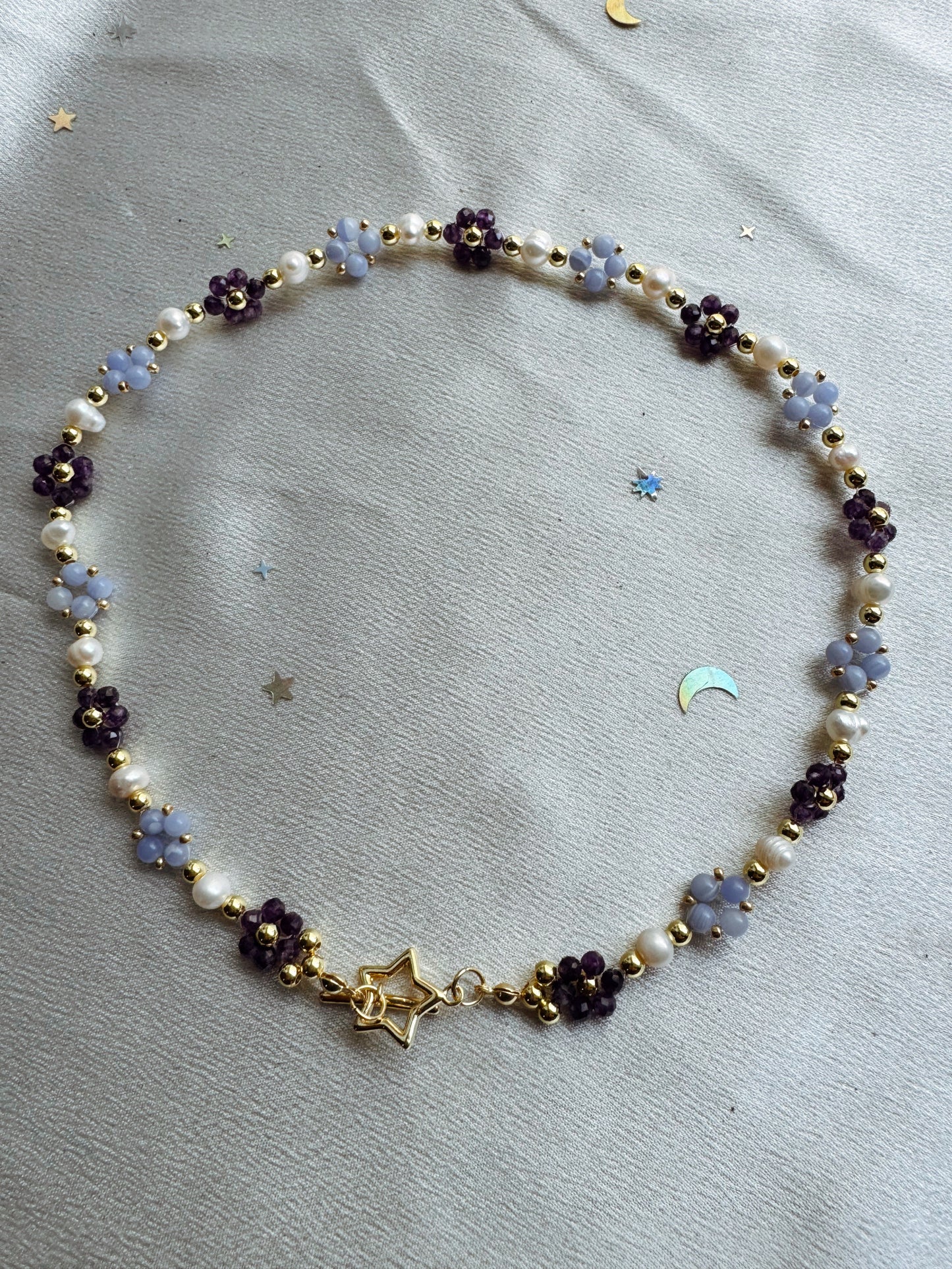 Amethyst and Blue Lace Gemstone Beaded Flower Necklace
