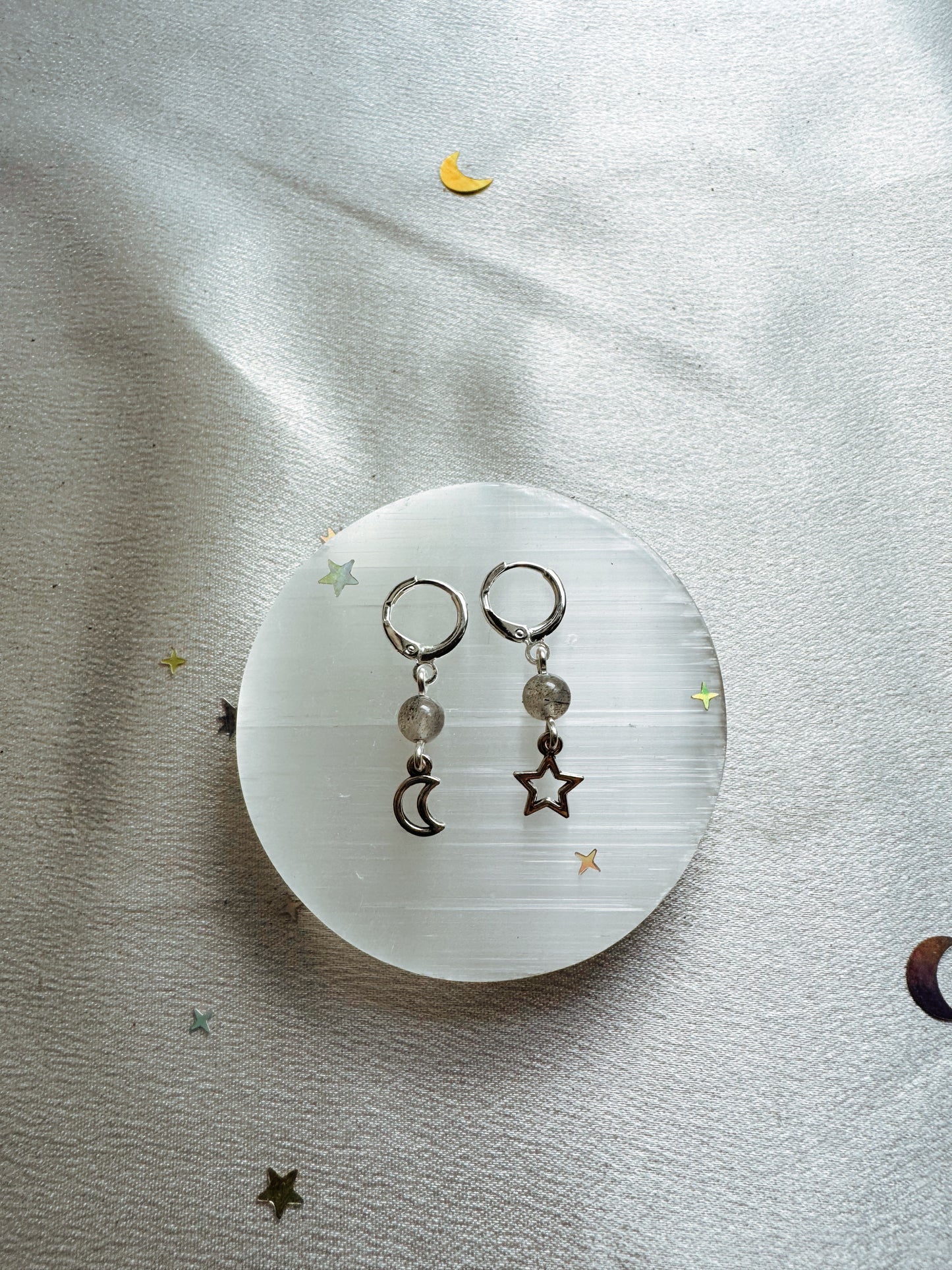 Silver Moon and Star Gemstone Earrings