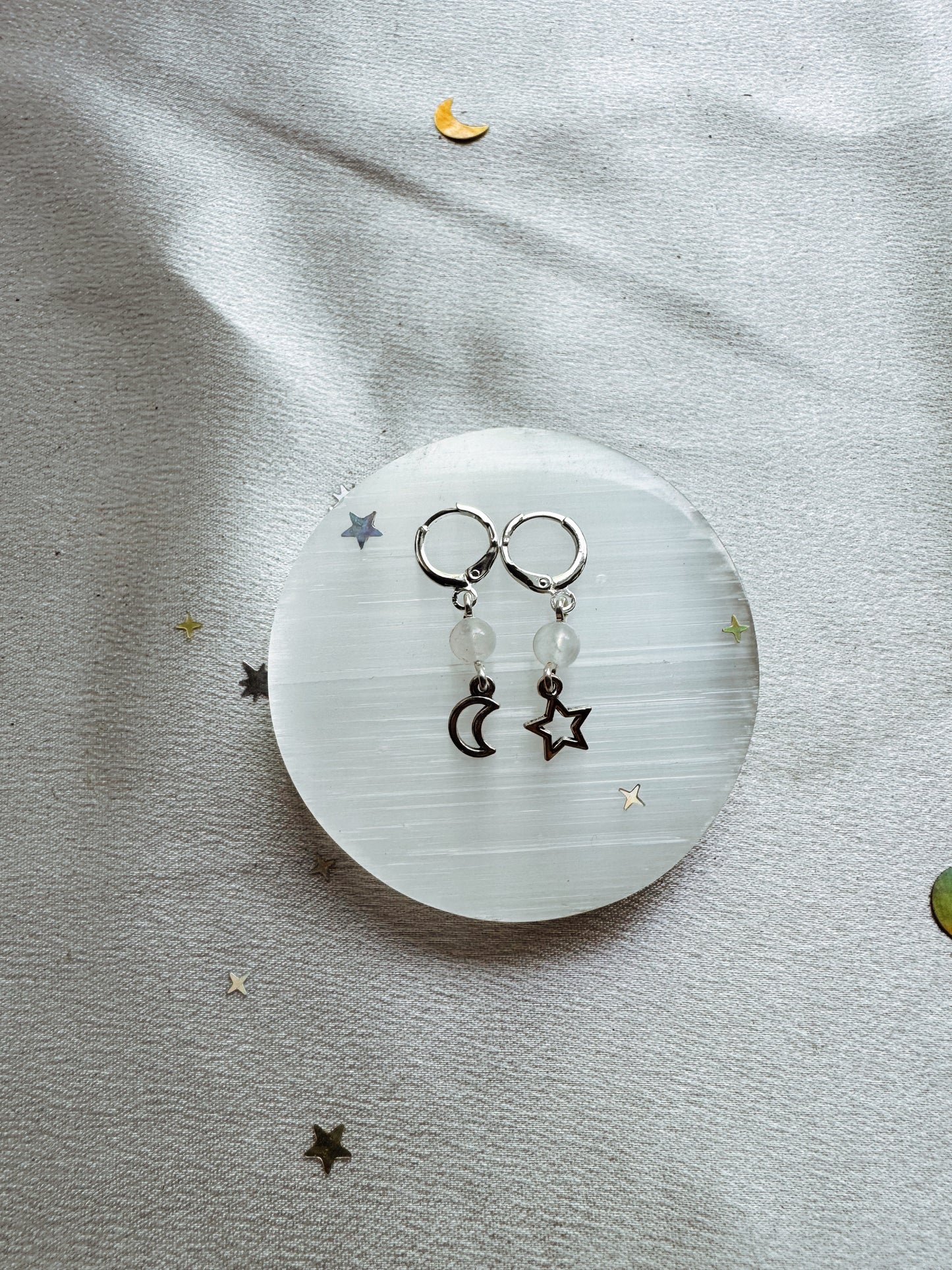 Silver Moon and Star Gemstone Earrings