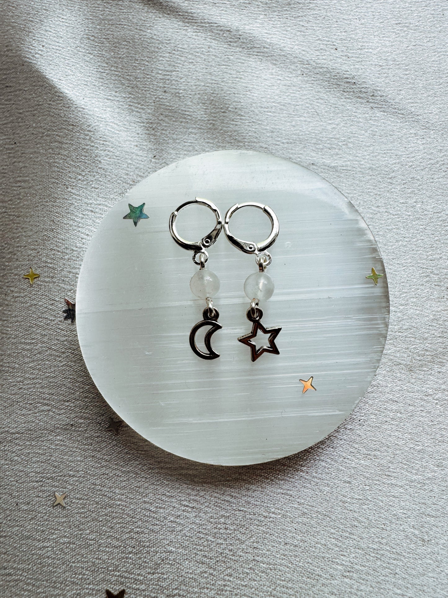 Silver Moon and Star Gemstone Earrings