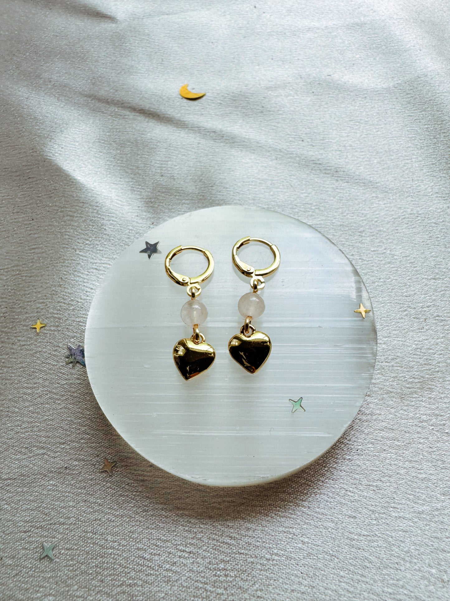 Gold Heart Rose Quartz Earrings