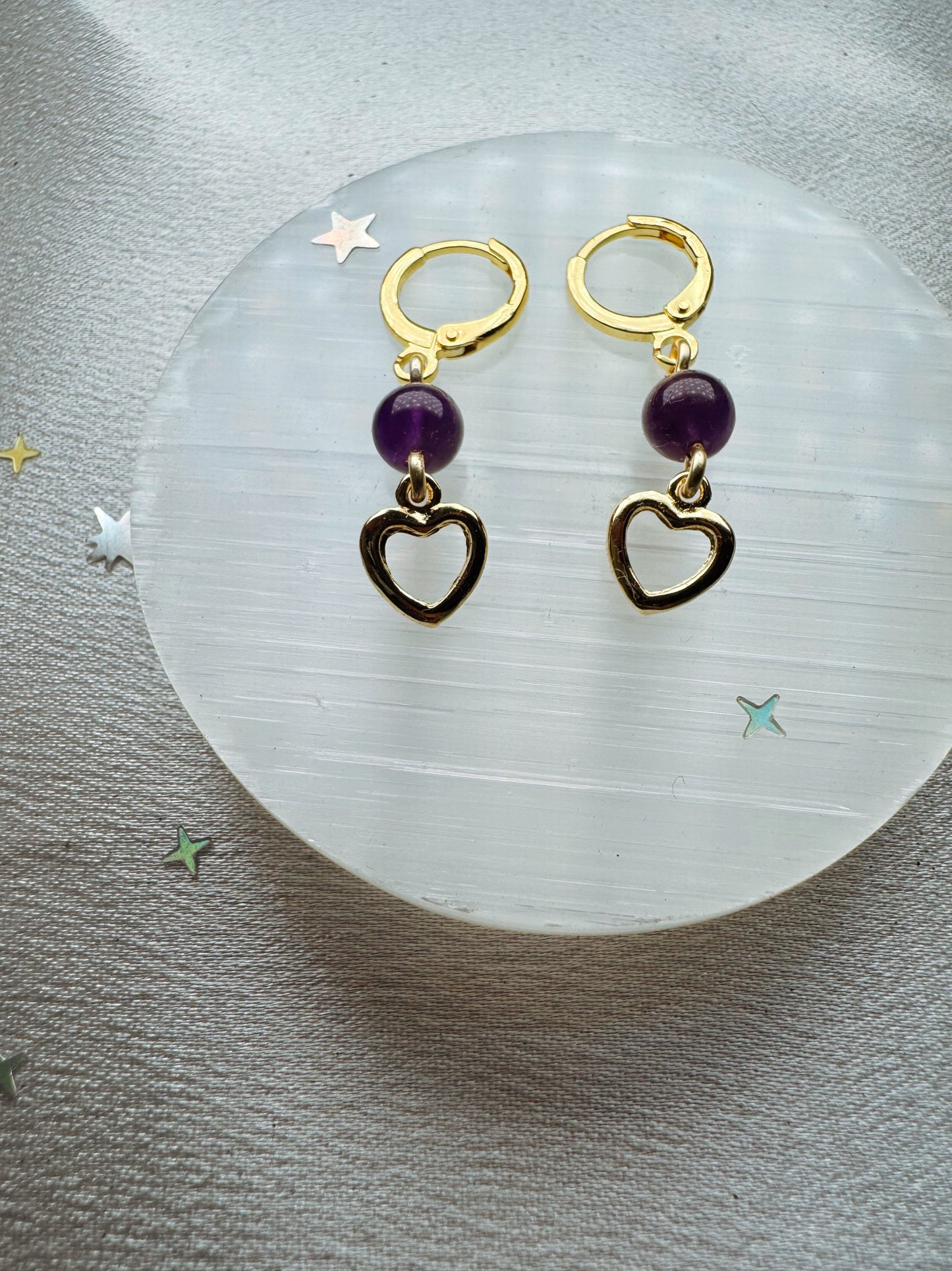 Gold Open Heart Amethyst Earrings