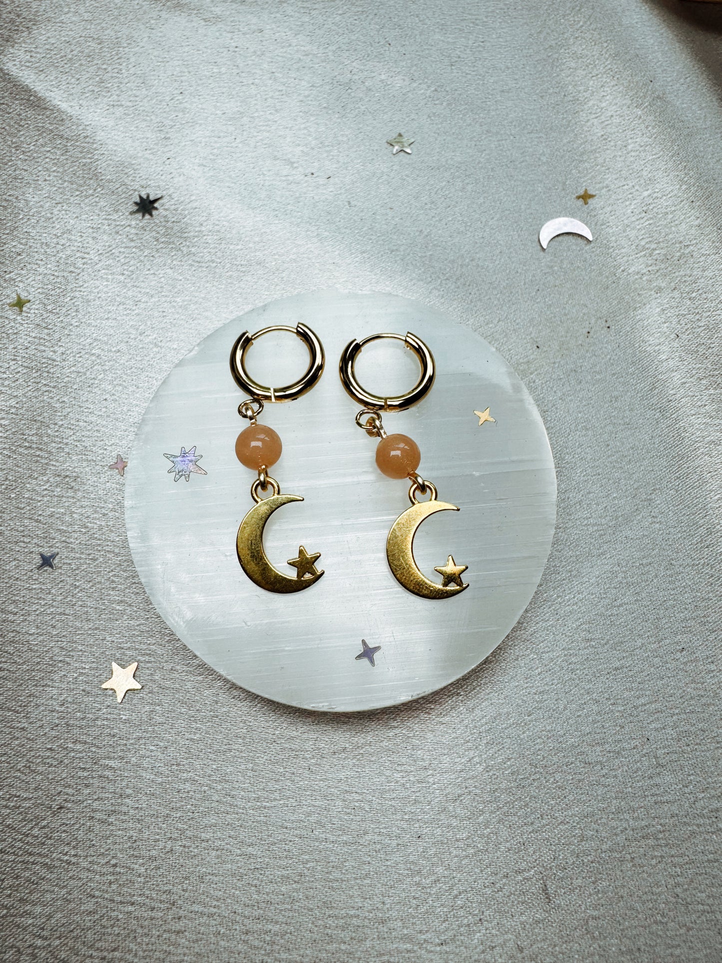 Peach Moonstone Moon Earrings