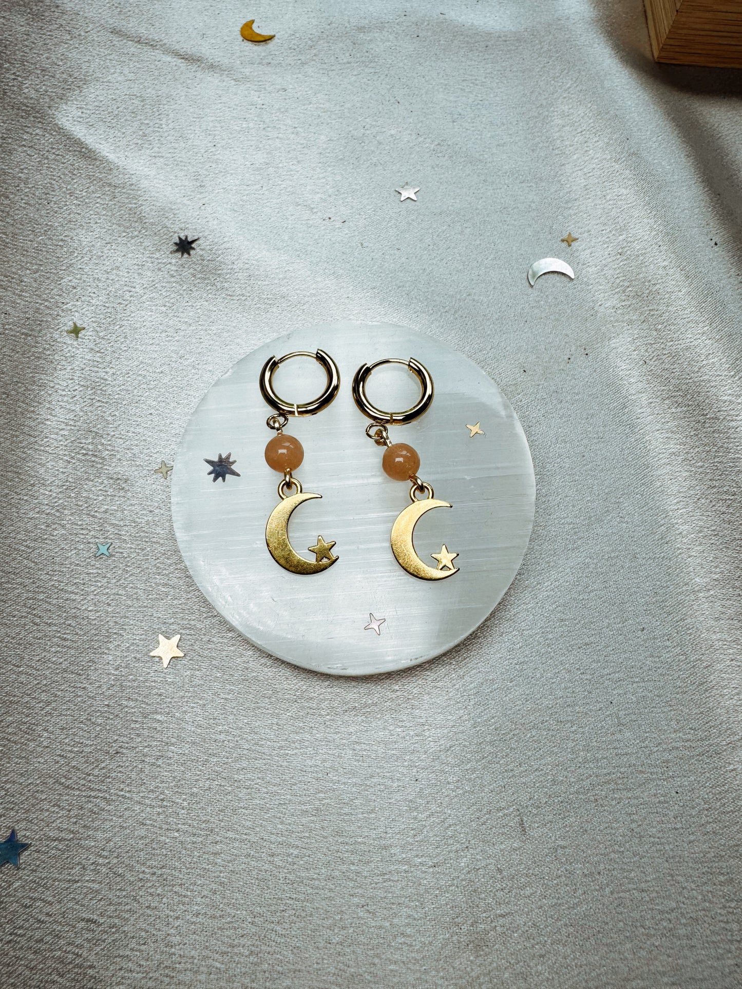 Peach Moonstone Moon Earrings