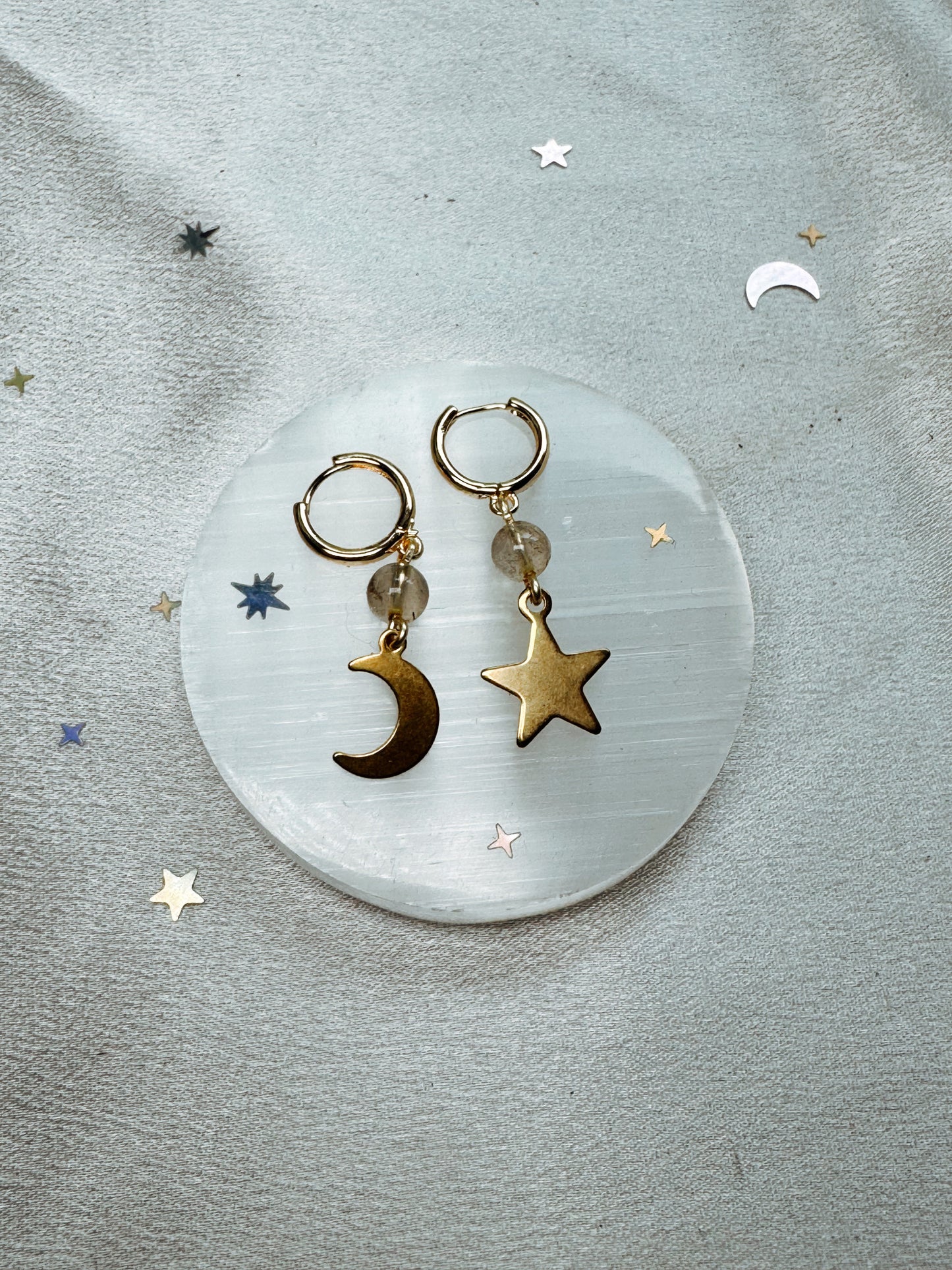 Gold Moon and Star Labradorite Earrings