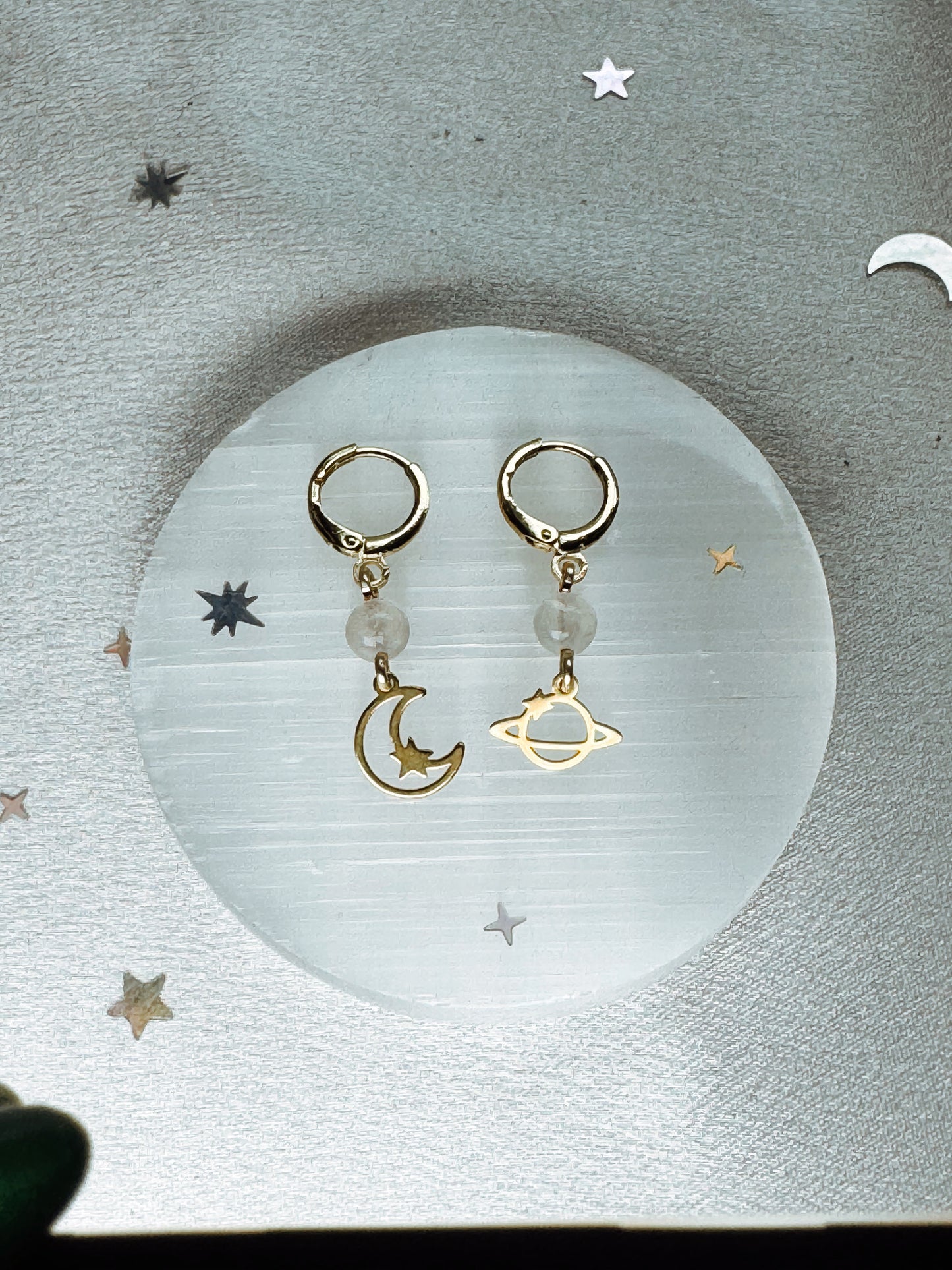Gold Moon and Saturn Gemstone Earrings