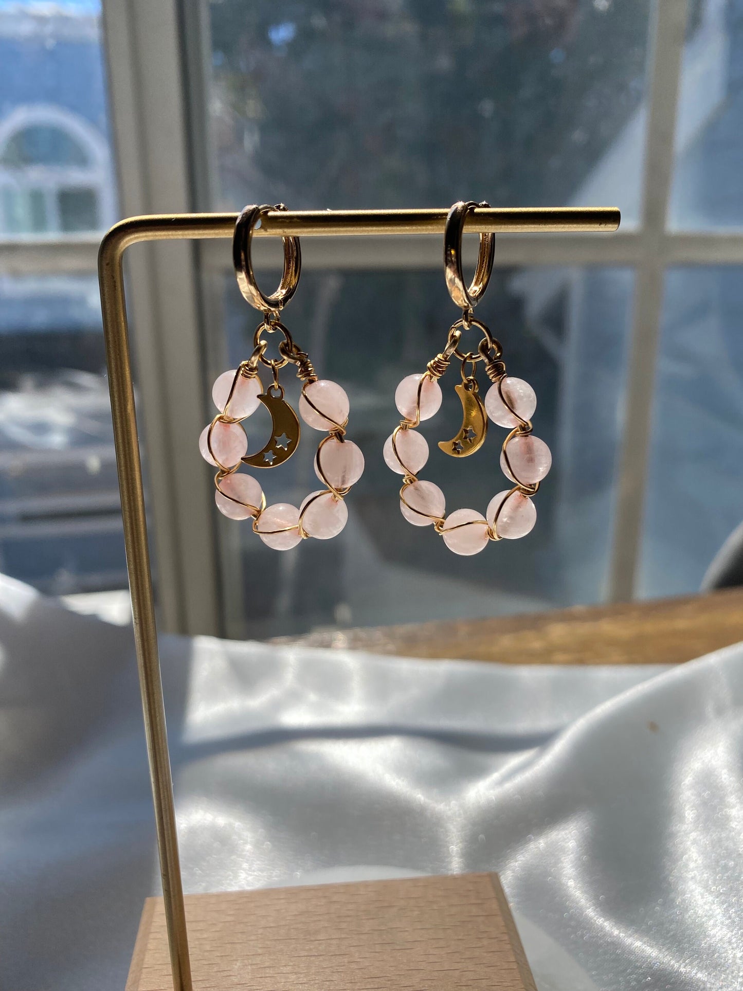 Rose Quartz Moon Braided Earrings Natural Gemstone Handmade Cute Christmas Gift Mothers Day Birthday Bridesmaid Dainty For Her Crystal Beads