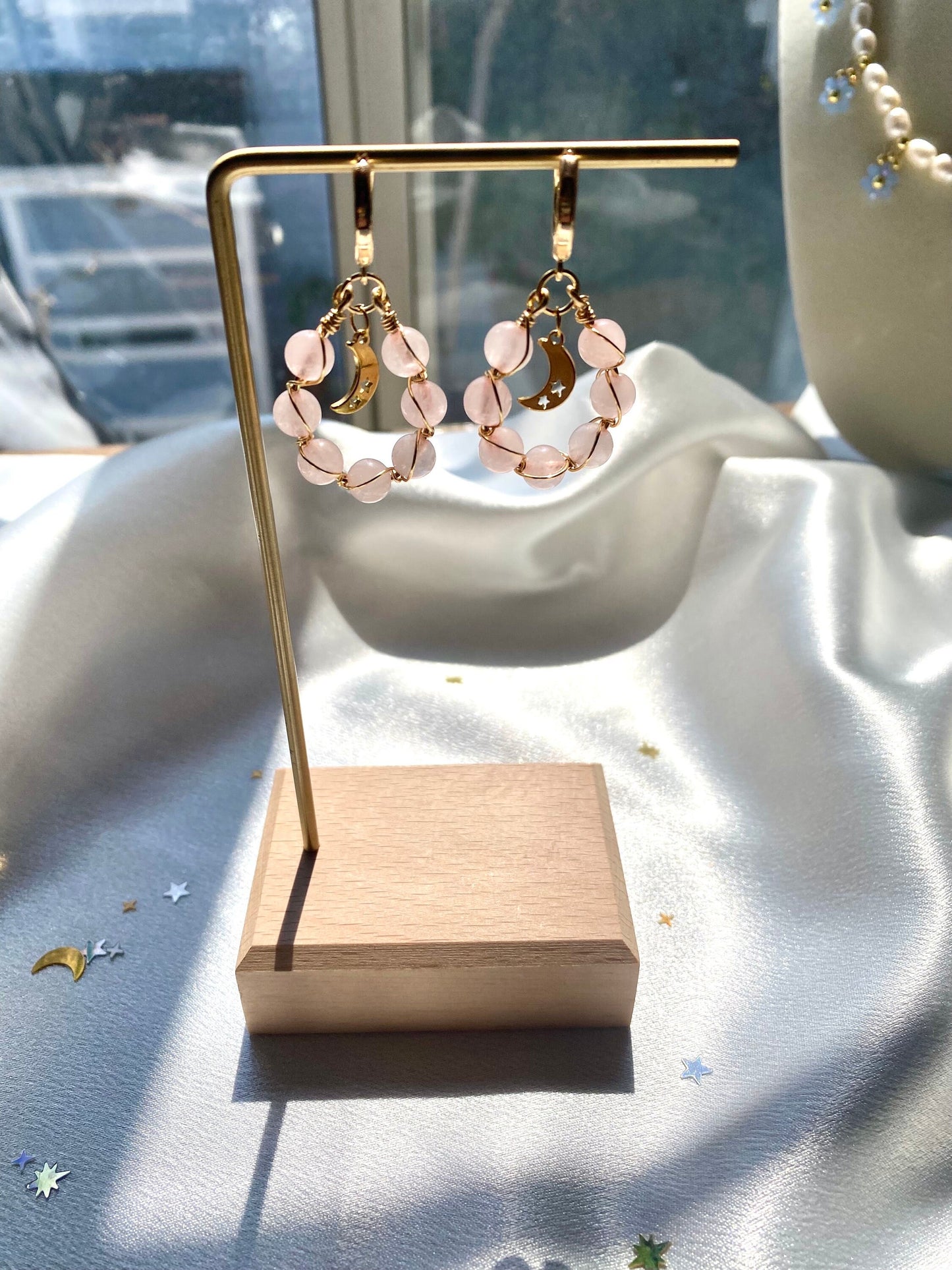 Rose Quartz Moon Braided Earrings Natural Gemstone Handmade Cute Christmas Gift Mothers Day Birthday Bridesmaid Dainty For Her Crystal Beads