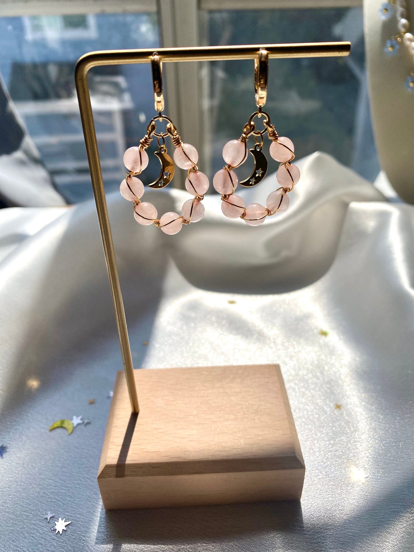 Rose Quartz Moon Braided Earrings Natural Gemstone Handmade Cute Christmas Gift Mothers Day Birthday Bridesmaid Dainty For Her Crystal Beads