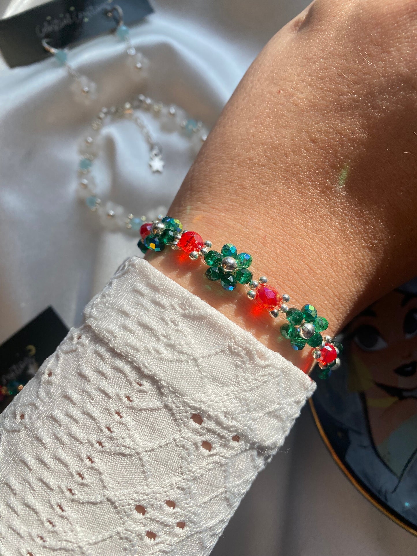 Christmas Joy Bracelet and Earrings Jewelry Set Mothers Day Gift Birthday Bridesmaid For her Handmade Crystal Beads Flower Daisy