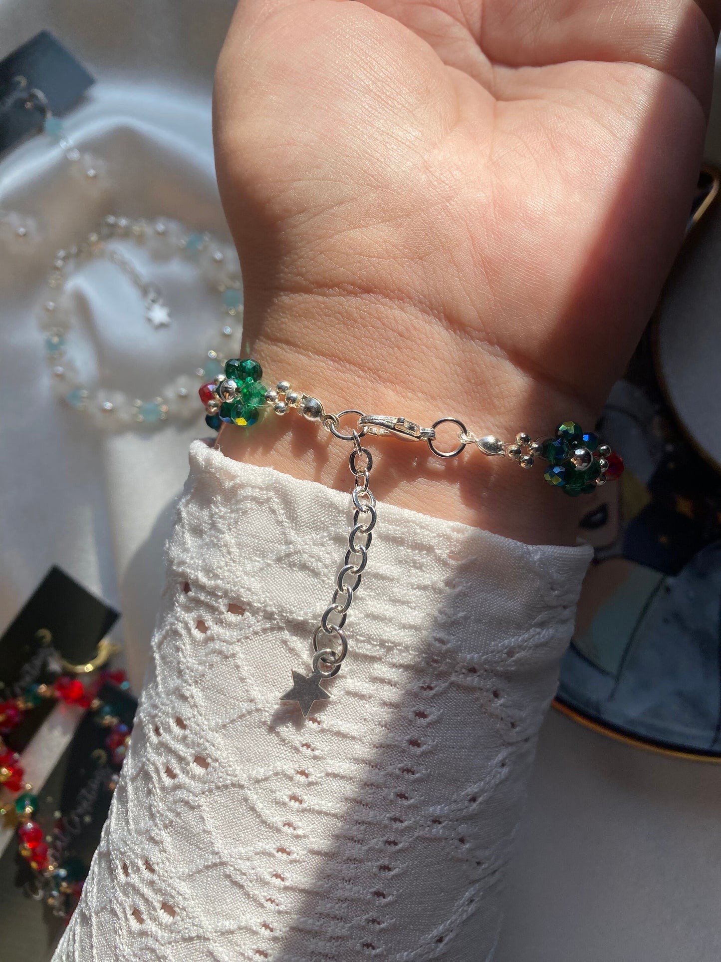 Christmas Joy Bracelet and Earrings Jewelry Set Mothers Day Gift Birthday Bridesmaid For her Handmade Crystal Beads Flower Daisy