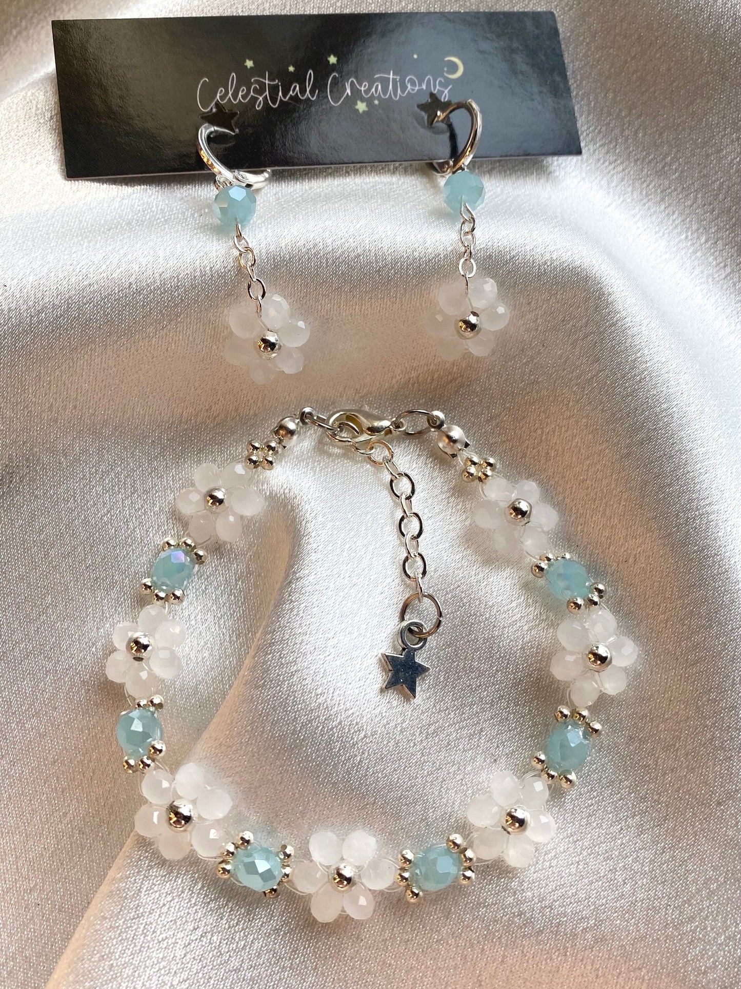 Winter Frost Bracelet and Earrings Christmas Gift Jewelry Set Mothers Day Birthday Bridesmaid Flower Daisy Beaded Valentine For Her Handmade