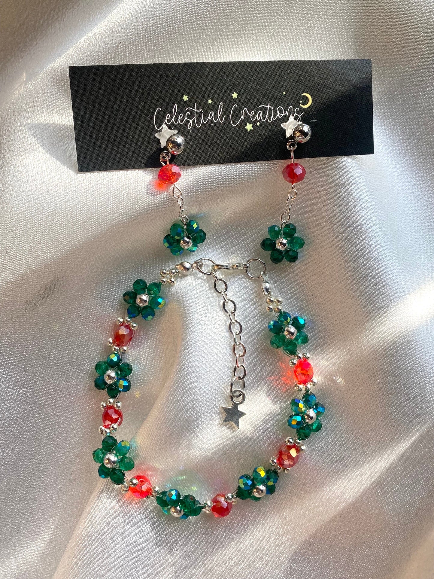 Christmas Joy Bracelet and Earrings Jewelry Set Mothers Day Gift Birthday Bridesmaid For her Handmade Crystal Beads Flower Daisy