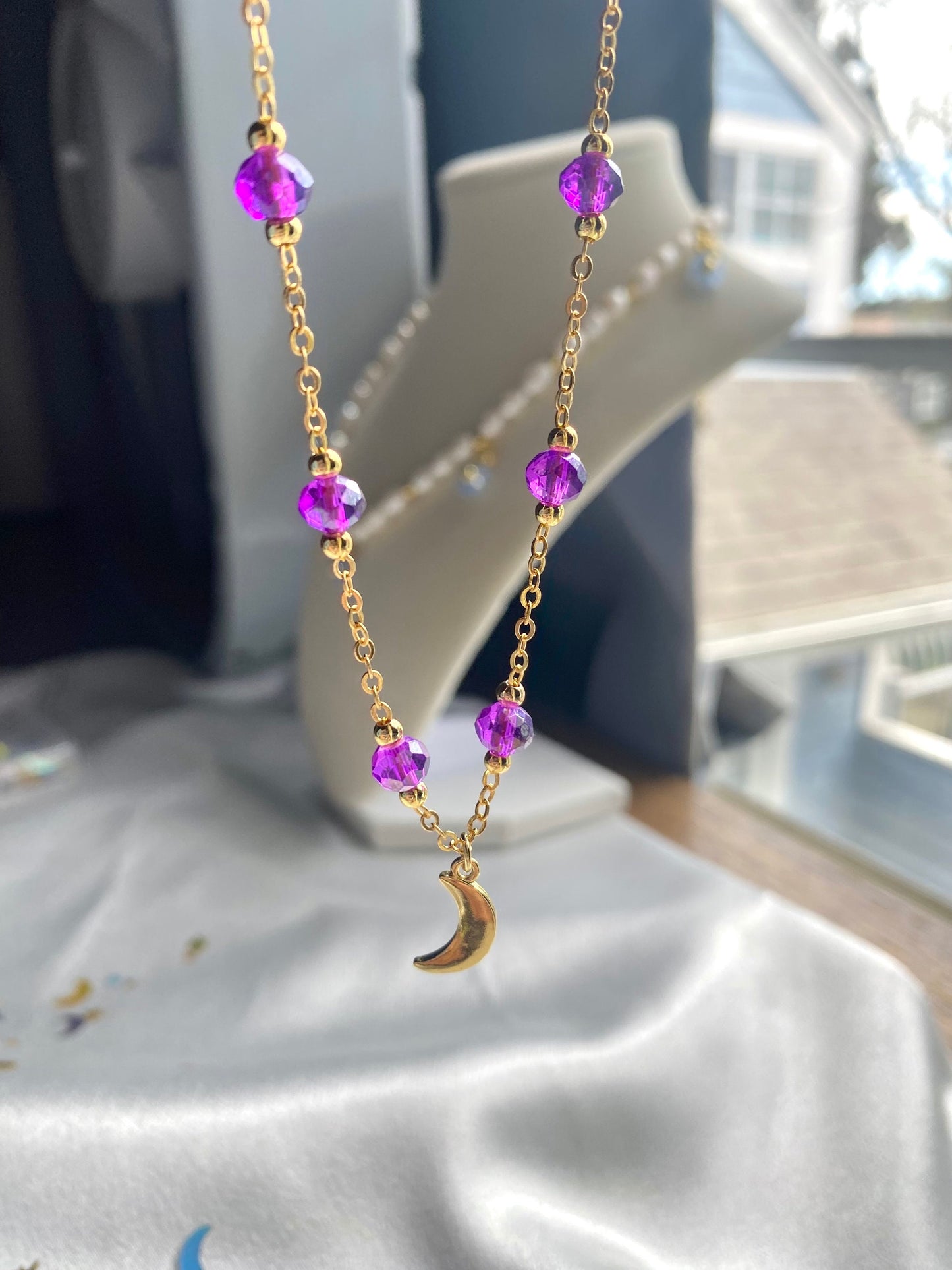 Crescent Moon Pendant 18k Gold Plated Purple Necklace Mothers Day Birthday Bridesmaid Wedding Gift For her Date Night Witchy Celestial