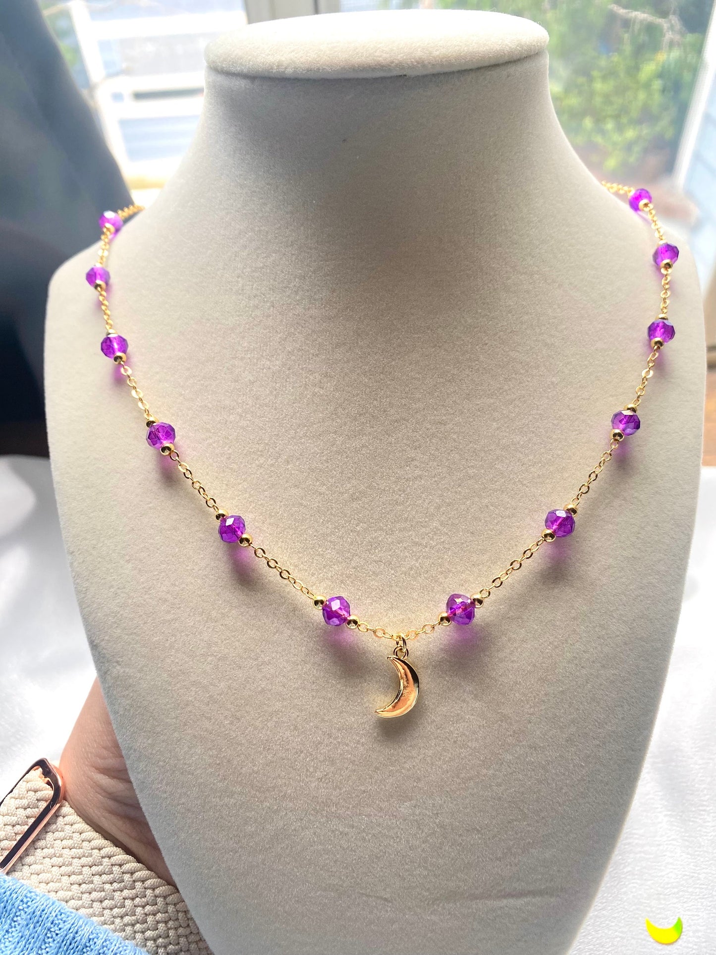 Crescent Moon Pendant 18k Gold Plated Purple Necklace Mothers Day Birthday Bridesmaid Wedding Gift For her Date Night Witchy Celestial