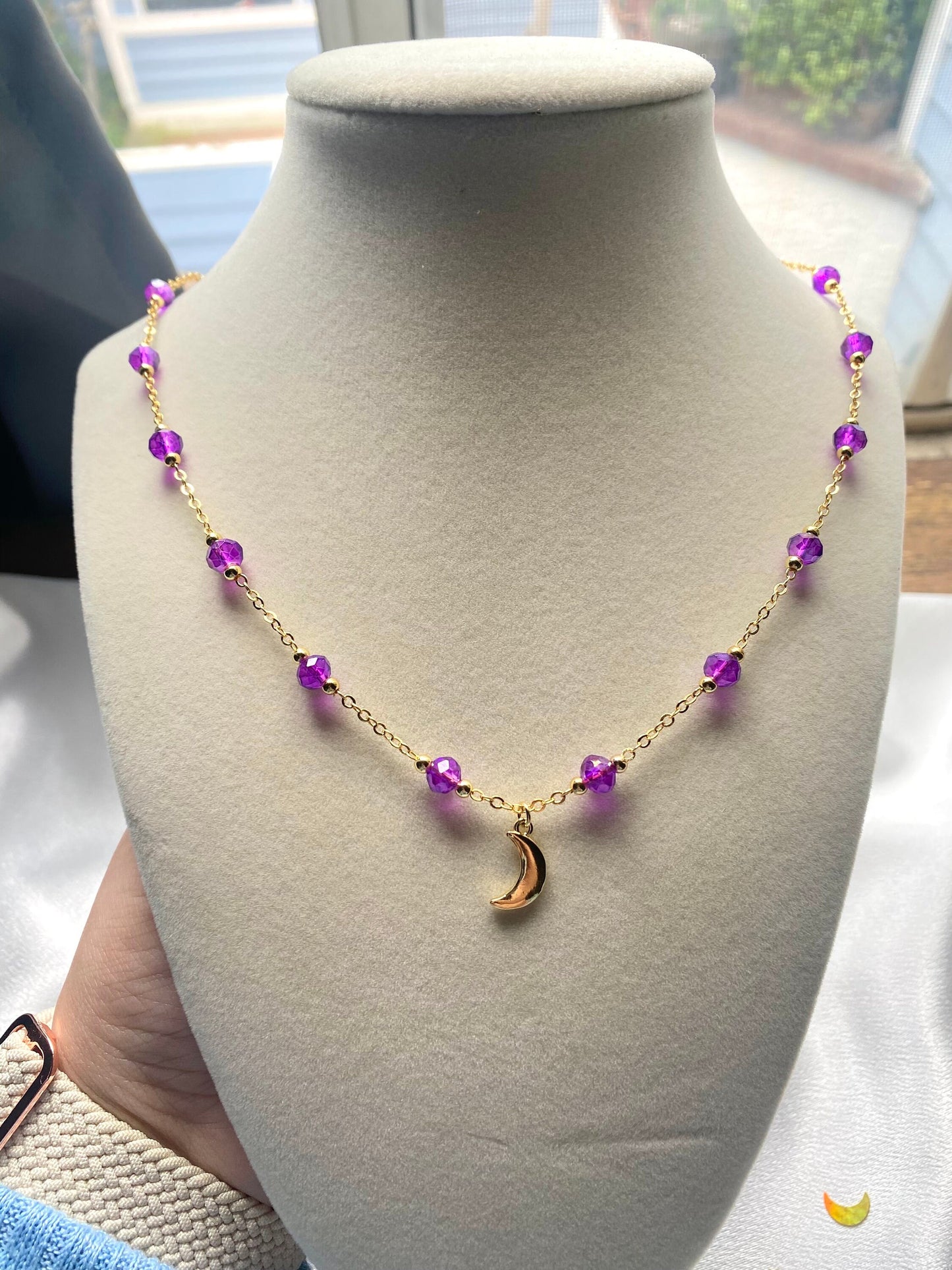 Crescent Moon Pendant 18k Gold Plated Purple Necklace Mothers Day Birthday Bridesmaid Wedding Gift For her Date Night Witchy Celestial
