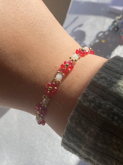 Red inspired dainty flower beaded bracelet