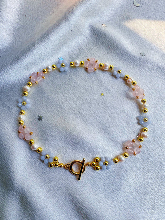 Blue Lace and Rose Quartz Flower Gemstone Necklace
