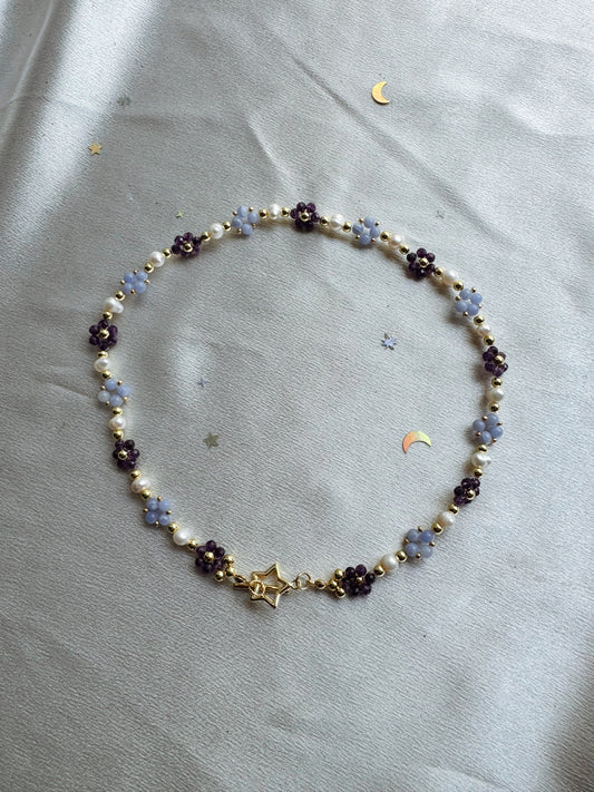Amethyst and Blue Lace Gemstone Beaded Flower Necklace