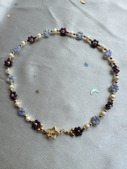 Amethyst and Blue Lace Gemstone Beaded Flower Necklace