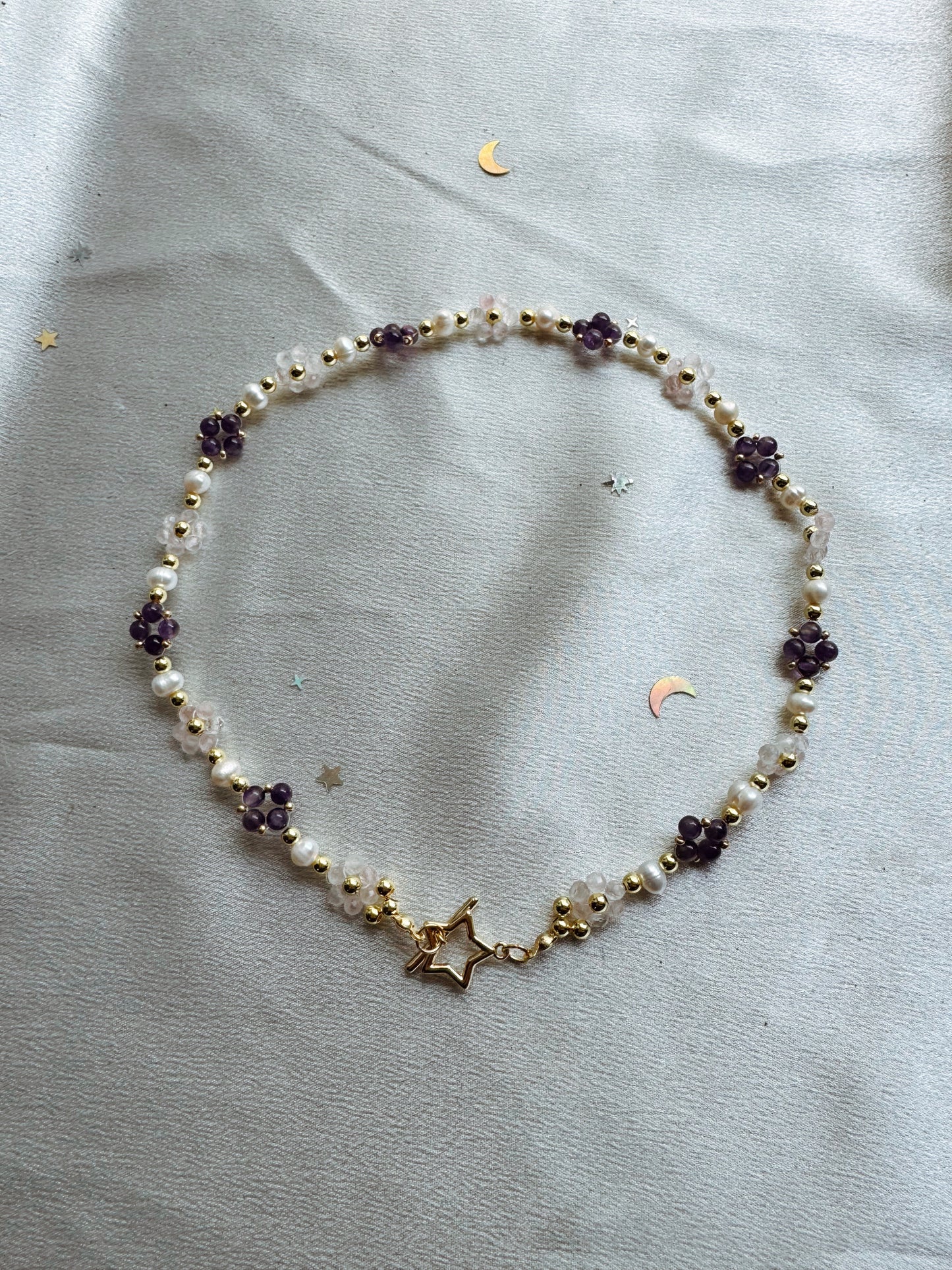 Rose Quartz and Amethyst Gemstone Beaded Flower Necklace