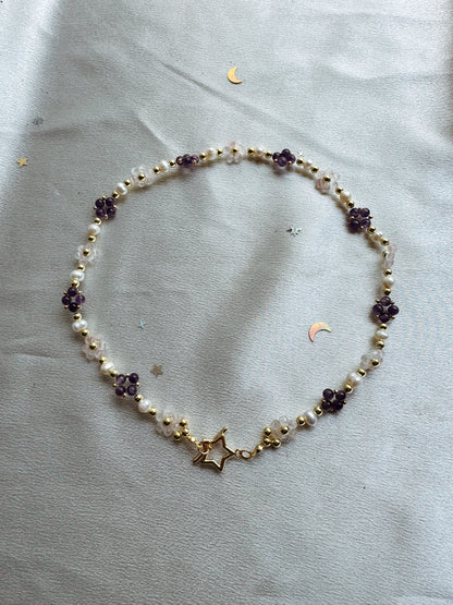 Rose Quartz and Amethyst Gemstone Beaded Flower Necklace