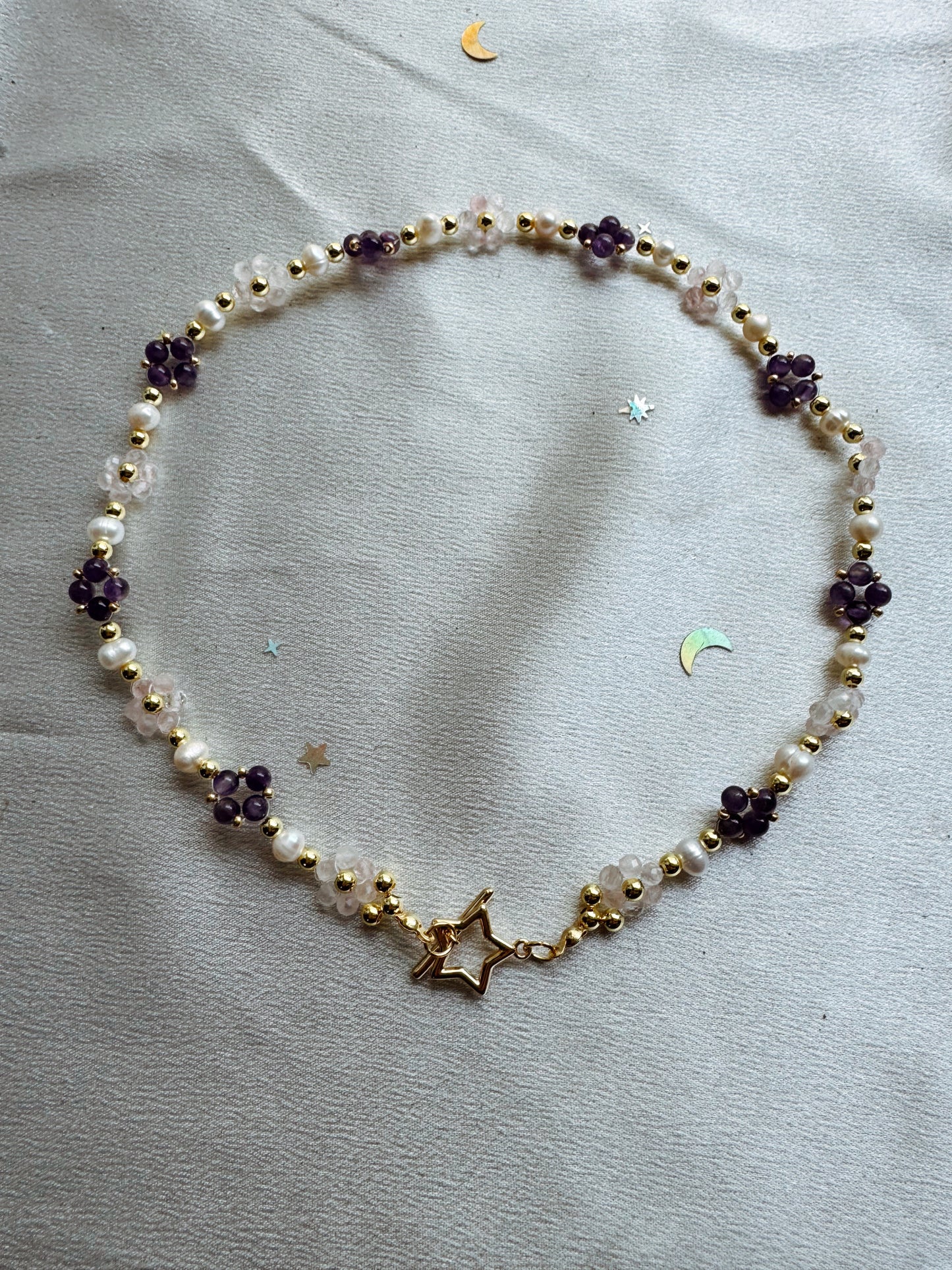 Rose Quartz and Amethyst Gemstone Beaded Flower Necklace