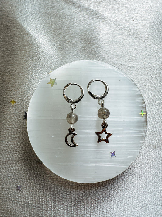 Silver Moon and Star Gemstone Earrings