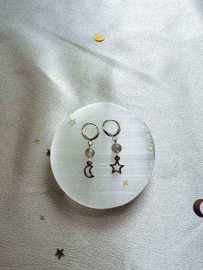 Silver Moon and Star Gemstone Earrings