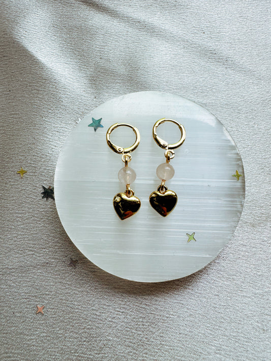 Gold Heart Rose Quartz Earrings