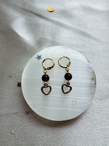 Gold Open Heart Amethyst Earrings