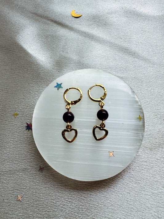 Gold Open Heart Amethyst Earrings
