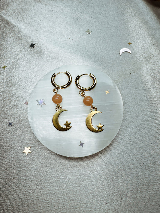 Peach Moonstone Moon Earrings