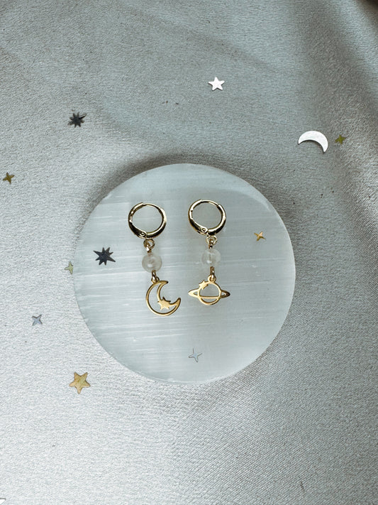 Gold Moon and Saturn Gemstone Earrings