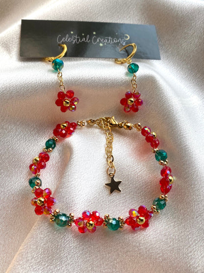 Yuletide Warmth 18k Bracelet and Earrings Christmas Gift Jewelry Set Mothers Day Birthday Bridesmaid Gift For her Valentines Handmade Flower