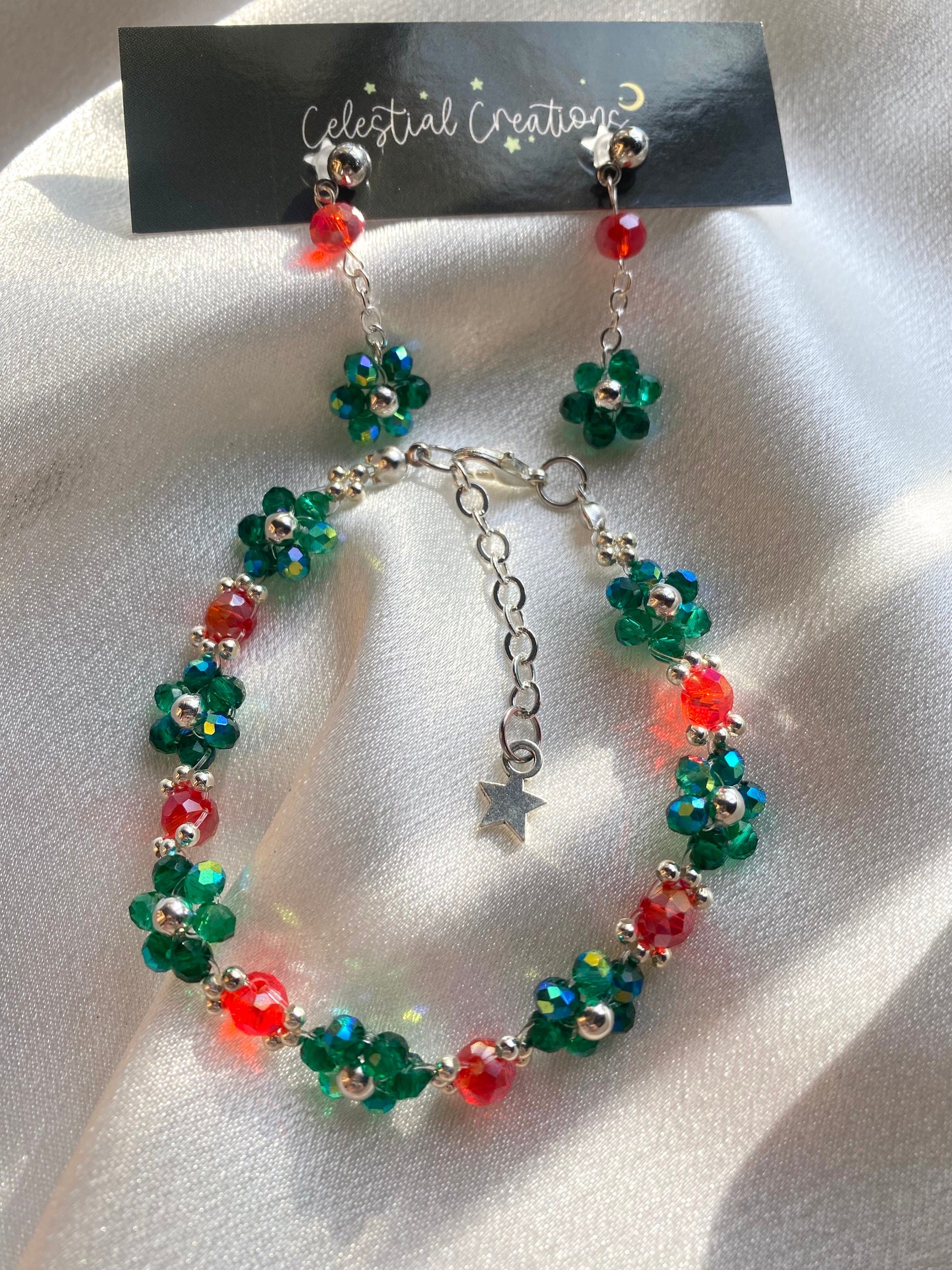 Christmas Joy Bracelet and Earrings Jewelry Set Mothers Day Gift Birthday Bridesmaid For her Handmade Crystal Beads Flower Daisy