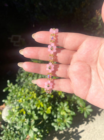 Pink Valentine Crystal Daisy Flower 18k Gold Beaded Bracelet | Cute Elegant Mothers Day Gift Birthday Bridesmaid Valentines Day For her