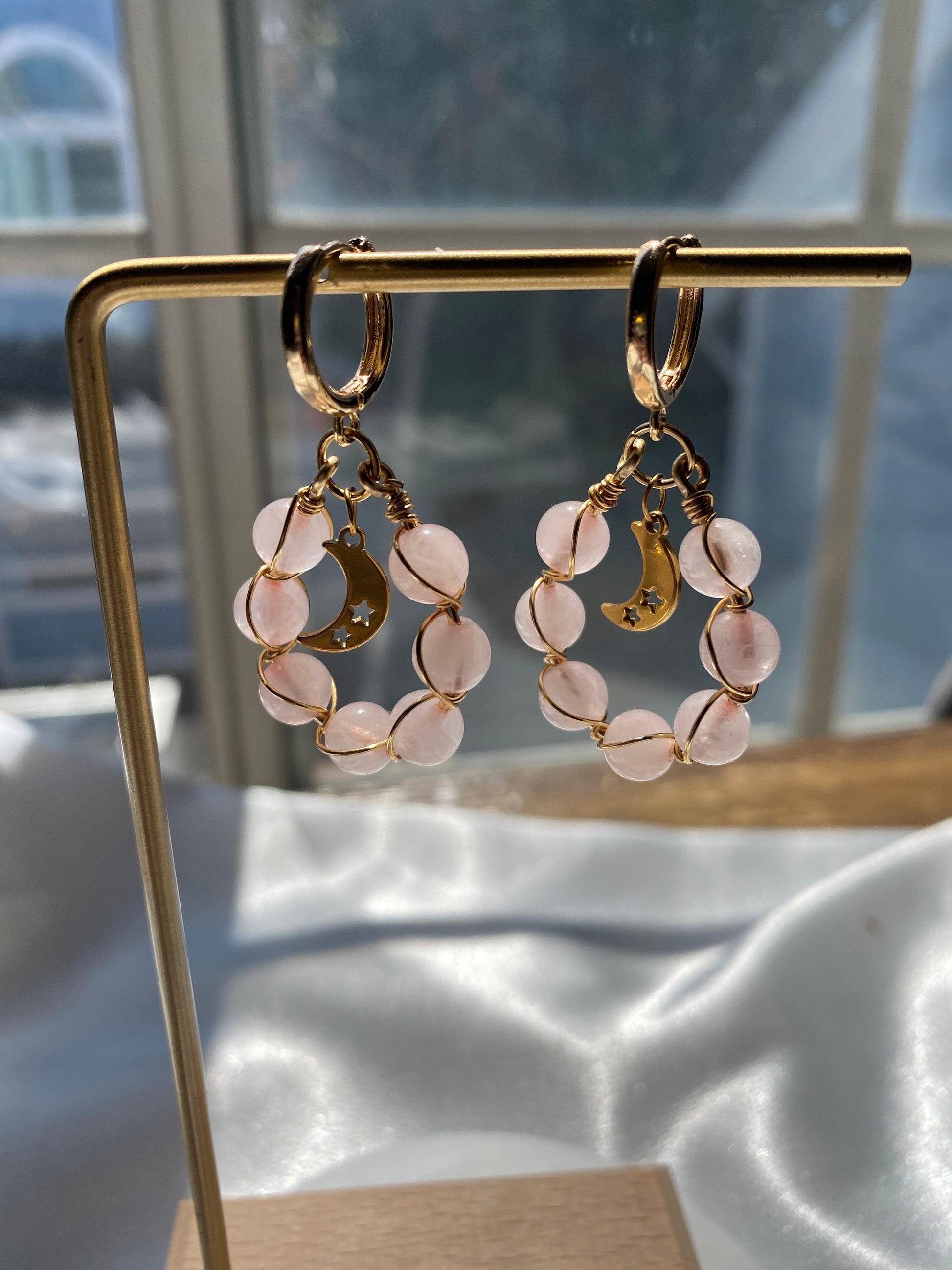 Rose Quartz Moon Braided Earrings Natural Gemstone Handmade Cute Christmas Gift Mothers Day Birthday Bridesmaid Dainty For Her Crystal Beads