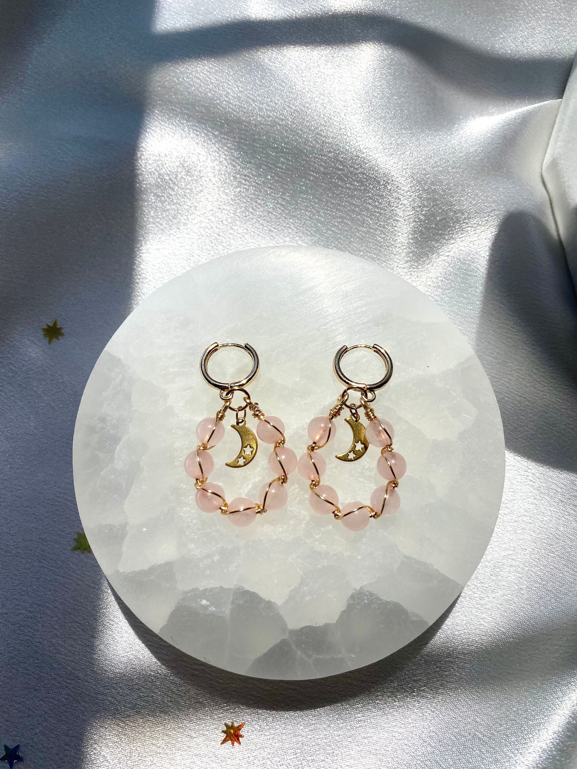 Rose Quartz Moon Braided Earrings Natural Gemstone Handmade Cute Christmas Gift Mothers Day Birthday Bridesmaid Dainty For Her Crystal Beads