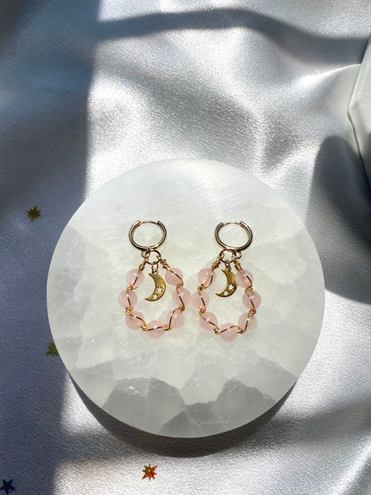 Rose Quartz Moon Braided Earrings Natural Gemstone Handmade Cute Christmas Gift Mothers Day Birthday Bridesmaid Dainty For Her Crystal Beads