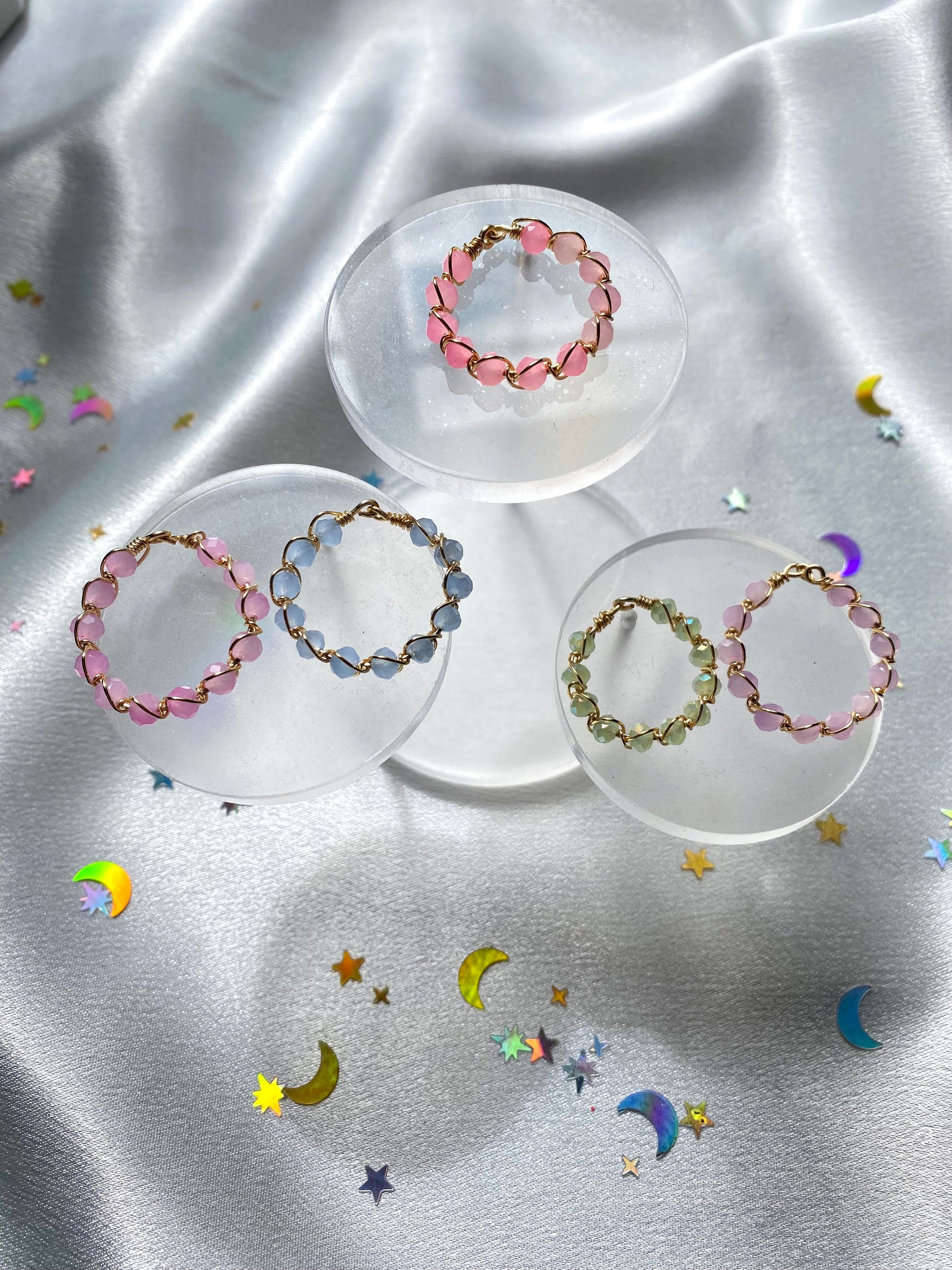 Dainty Springtime Rings in pastel colors bright pink, pastel purple pink, pastel blue, pastel green, and pastel purple cute perfect gift for all occasion