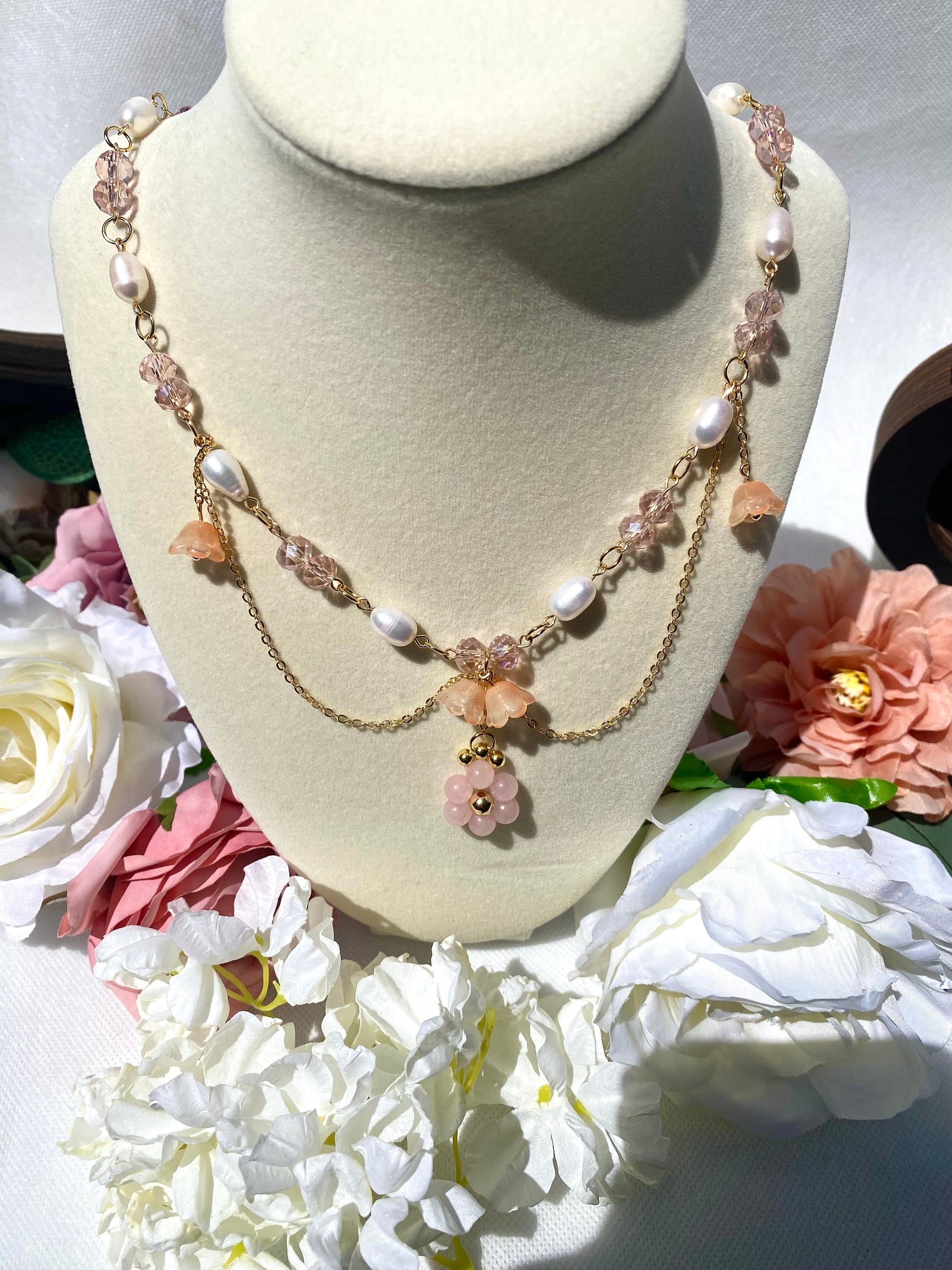 Beautiful Handmade Pink Rose Quartz Natural Stone Crystal Freshwater Pearl Necklace with hanging glass lillies and 18k gold beads and chain perfect gift for spring and birthdays for her and friends