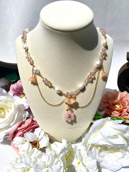 Beautiful Handmade Pink Rose Quartz Natural Stone Crystal Freshwater Pearl Necklace with hanging glass lillies and 18k gold beads and chain perfect gift for spring and birthdays for her and friends