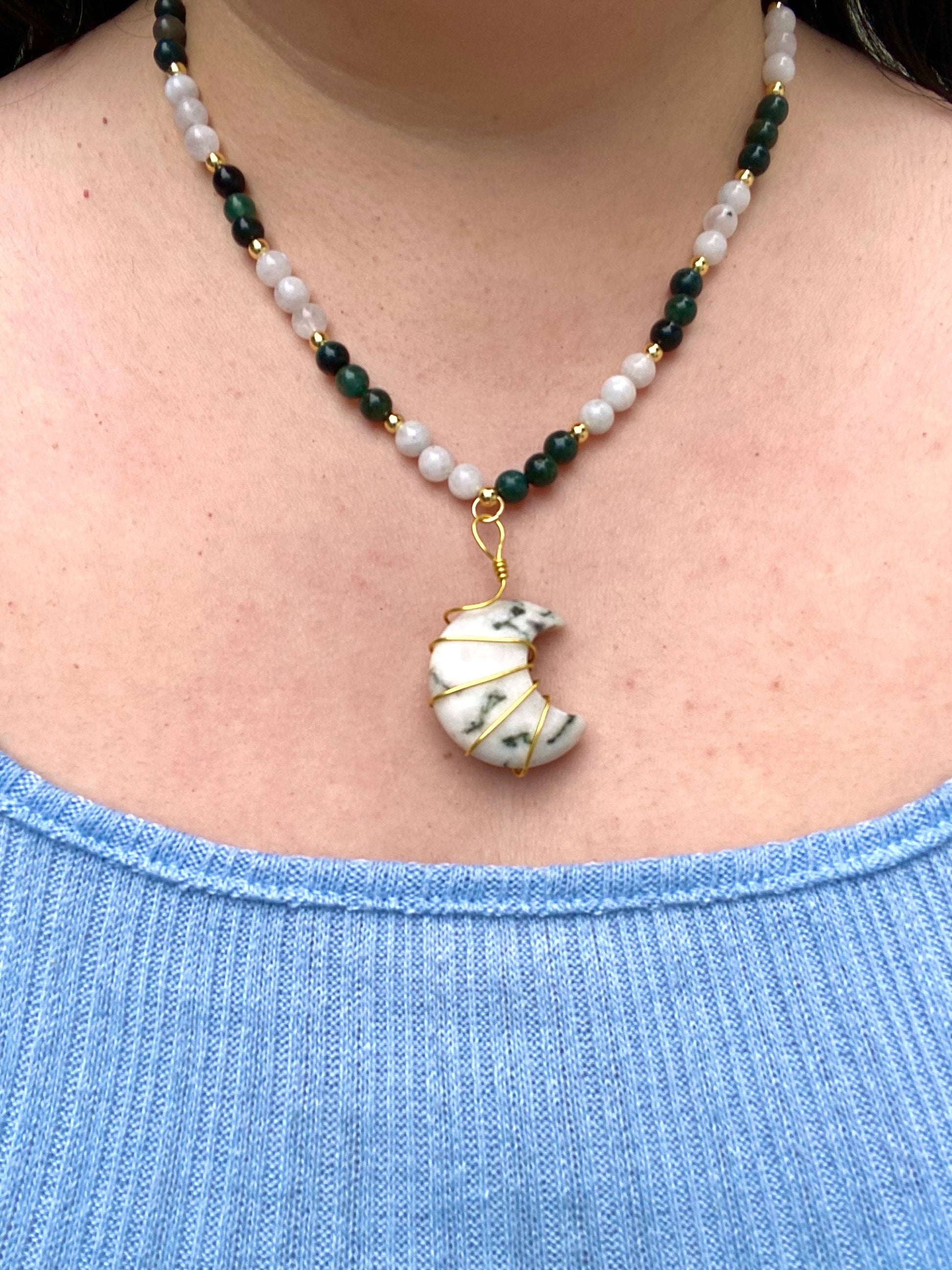 Moonstone and Moss Agate Natural Stone Crystal beaded necklace with 18k gold filled beads with a crystal moss agate carved moon wrapped in gold wire tarnish resistant and the perfect gift for friends and family for birthdays christmas, etc.