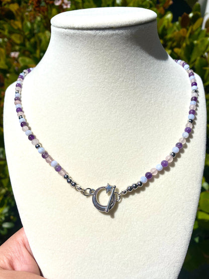 Calming natural stone gemstone handmade necklace with blue lace agate, amethyst, and rose quartz. Perfect gift for friends and family for any occasion such as birthdays, christmas, etc. Included is a beautiful stainless steel moon toggle clasp