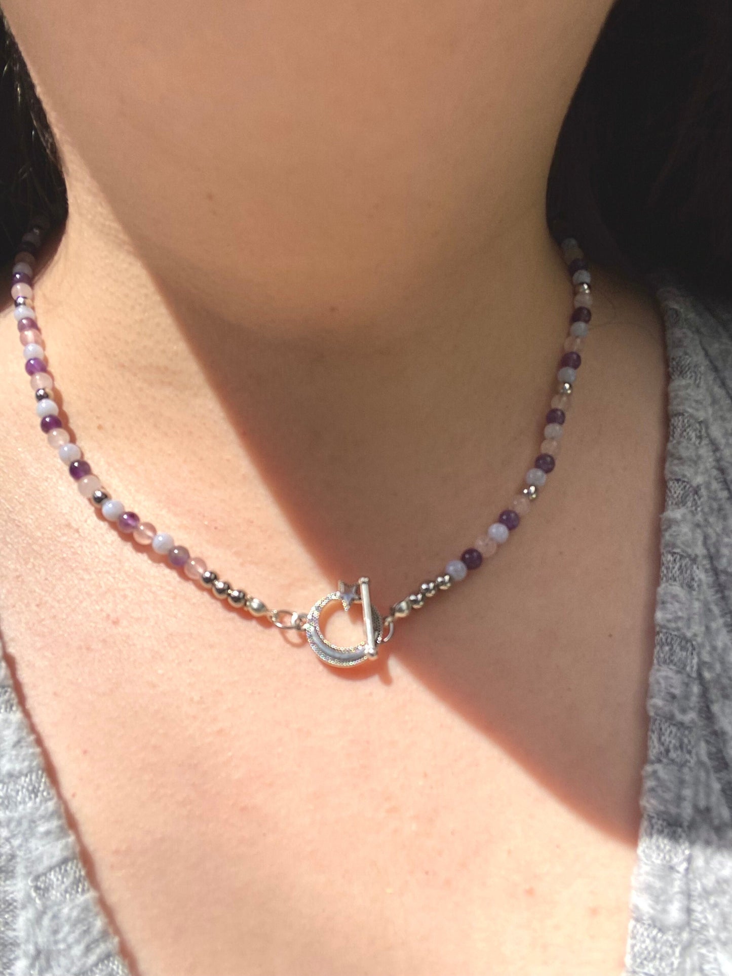 Calming natural stone gemstone handmade necklace with blue lace agate, amethyst, and rose quartz. Perfect gift for friends and family for any occasion such as birthdays, christmas, etc. Included is a beautiful stainless steel moon toggle clasp