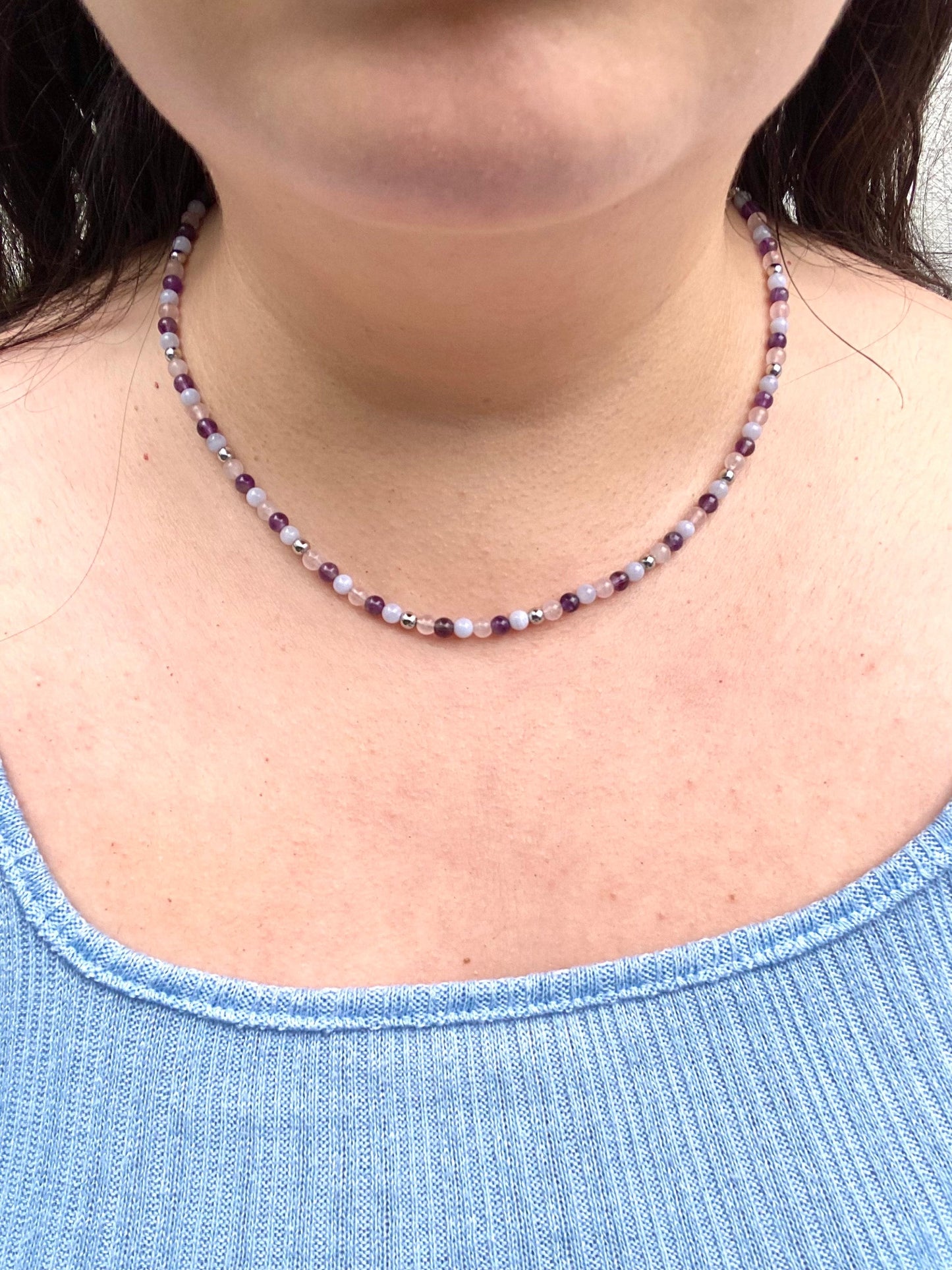 Calming natural stone gemstone handmade necklace with blue lace agate, amethyst, and rose quartz. Perfect gift for friends and family for any occasion such as birthdays, christmas, etc. Included is a beautiful stainless steel moon toggle clasp